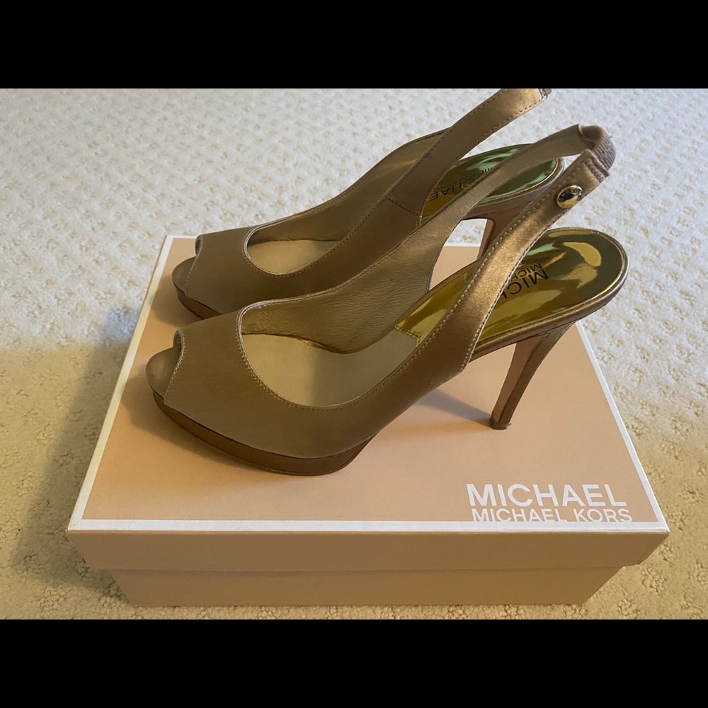 Michael Kors gold beige open toe pump sling back